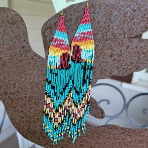 Turquoise desert Sky Southwestern Boho Hippie Seed bead fringe Dangle earrings